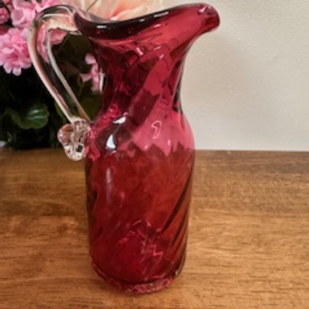 Vintage Cranberry Diamond Optic Glass Pitcher Elegant Curved Handle‎